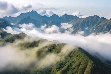 majestic mountain range, with clouds floating above and mist in the valleys, created with generative ai
