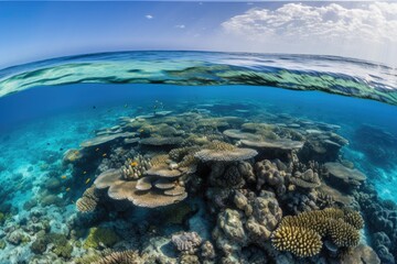 Fototapeta na wymiar calm sea, with schools of fish swimming amongst coral reefs, created with generative ai