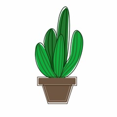 Cute green cactus in pot isolated on white, simple digital illustration in flat doodle style. For postcards, stickers, magnets, prints on clothes, mugs, toys etc.