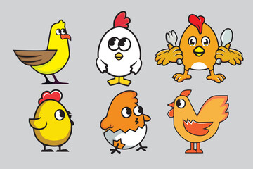 chickens and hens in cartoon style, vector illustration.