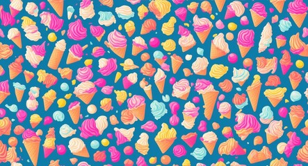Scoops of ice cream assorted flavors. Scoops of ice cream seamless pattern. Background for poster, greeting cards, headers, baner, generative ai