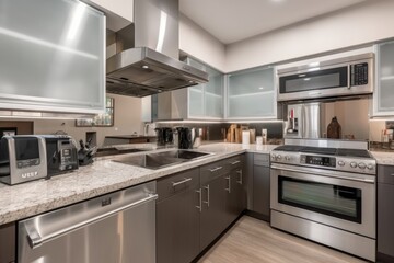 Fototapeta premium kitchen, with sleek stainless steel appliances and glass countertops, created with generative ai