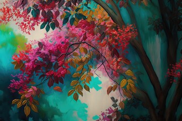 close-up of colorful blossoms against the backdrop of a tall tree, created with generative ai