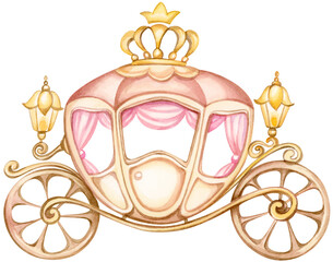 Cute princess carriage.Hand drawn cartoon watercolor illustration retro royal transport. Stylized picture for decoration children holiday and party. - 607866149