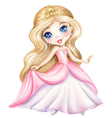 Cute little princess. Watercolor hand drawn beautiful baby blond girl in pink dress - 607866155