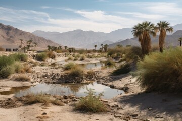 oasis surrounded by rocky desert landscape with distant mountains in the background, created with generative ai