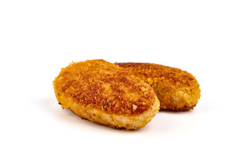 Fried cutlets in bread crumbs, isolated on the white background.