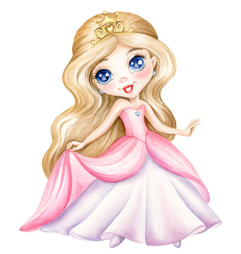 Cute little princess. Watercolor hand drawn beautiful baby blond girl in pink dress