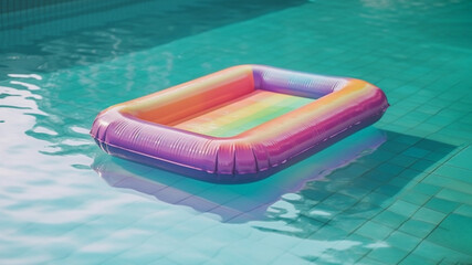 Pastel summer concept iridescent inflatable mattress in rainbow colors floating on blue water of swimming pool. Symbol of rest, colors producing rainbow effects. Illustration. Generative AI.