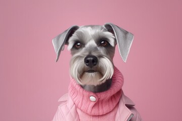 Cute mini grey schnauzer dog wearing a pink coat and wool sweater on pink background. Minimal concept for pet shop advertisement or winter clothes campaign. Illustration. Generative AI - obrazy, fototapety, plakaty