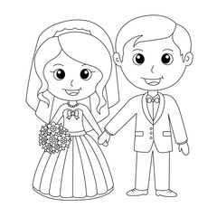Wedding Couple Coloring Page. Bride And Groom Cartoon Illustration. Cute Marriage Scene. Just Married Illustration. Wedding Ceremony Act. Groom Wearing A Tuxedo And Bride Carrying A Bouquet Of Flowers