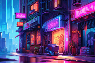 Obraz premium Cyberpunk City, Sci-Fi, Science Fiction, Space, Futuristic, 2D, Game Background, Generative AI