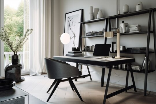 home office with sleek and modern decor, featuring minimalist furniture and chic accessories, created with generative ai