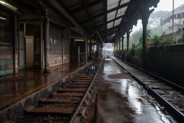 Fototapeta na wymiar an abandoned train station, with rusting metal and rainwater puddles on the platform, created with generative ai