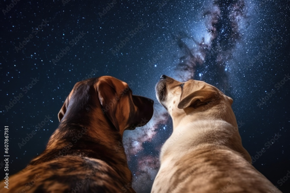 Poster dog and cat floating in space, gazing at distant starry sky, created with generative ai