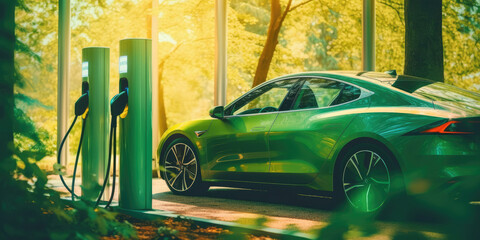 Country complex for charging electric cars. A large bed is next to a fast electric charger. The concept of green energy. 