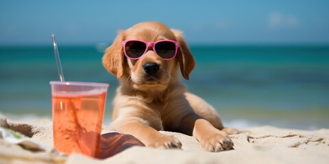 Fototapeta na wymiar dog laying on the beach with sunglasses, ai generated