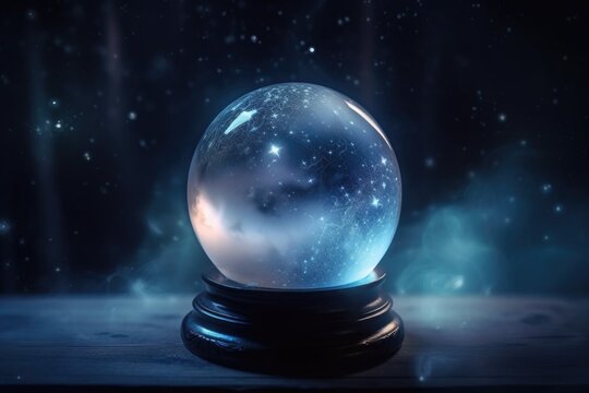 magical crystal ball, with swirling mist and twinkling stars, against starry night sky, created with generative ai