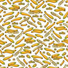 Seamless pattern with Zephyr Squash. Summer squash. Cucurbita pepo. Fruits and vegetables. Cartoon style. Vector illustration isolated on transparent background.