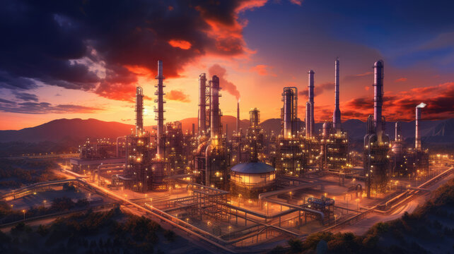 Petrochemical plant industry. Oil refinery industrial zone on sunset. The equipment of oil refining. 