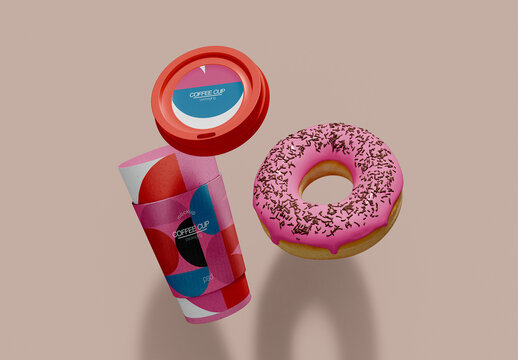 Flying Paper Coffee Cup and Donut Mockup