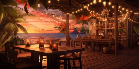 Deurstickers Donkerrood Generative AI, Tropical summer sunset beach bar background. Outdoor restaurant, Led light candles and wooden tables, chairs under beautiful sunset sky, sea view.