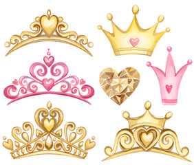 Watercolor hand drawn Set of queen golden crowns. Collection of pink and gold princess tiaras cartoon illustration - 607867782