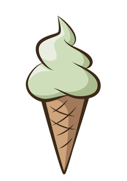 ice cream - pistachio soft serve ice cream in a cone, color vector illustration isolated on white