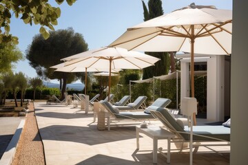 outdoor seating area with lounge chairs and parasols, providing shade in the hot sun, created with generative ai