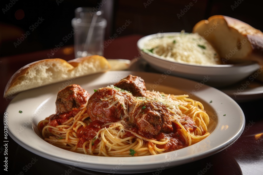 Wall mural plate of spaghetti and meatballs with side of garlic bread, created with generative ai - Wall murals