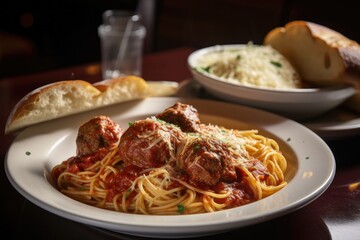 Fototapeta premium plate of spaghetti and meatballs with side of garlic bread, created with generative ai