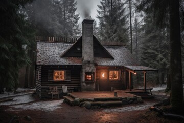 a cozy cabin with a fireplace and chimney, surrounded by forest, created with generative ai