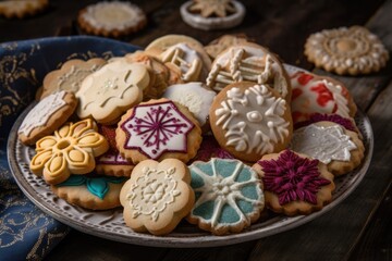 plate of holiday cookies, with different shapes and designs, created with generative ai