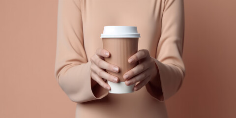 A mockup of a paper craft white coffee cup with a plastic lid in women's hands isolated on a flat pastel pink background with copy space. Generative AI professional photo imitation.