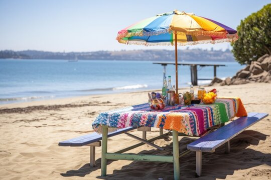 picnic table on the beach, with colorful umbrellas and towels, and sparkling water in the background, created with generative ai
