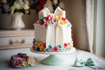 Obraz na płótnie Canvas a wedding cake, with a delicate fondant bow and pearl accents, surrounded by colorful flowers, created with generative ai