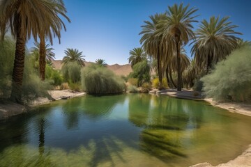 Obraz premium desert oasis, with palm trees and rolling dunes in the background, created with generative ai