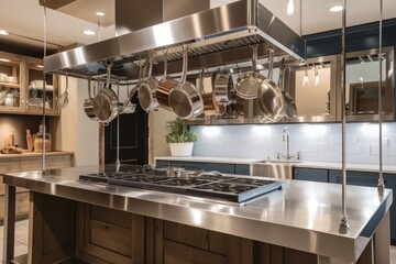 custom-built cooking station featuring glass cooktop, stainless steel hood and hanging pots and pans, created with generative ai