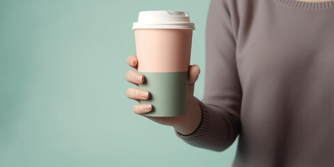 A mockup of a paper craft pink coffee cup with a plastic lid in women's hands isolated on a flat pastel green background with copy space. Generative AI professional photo imitation.