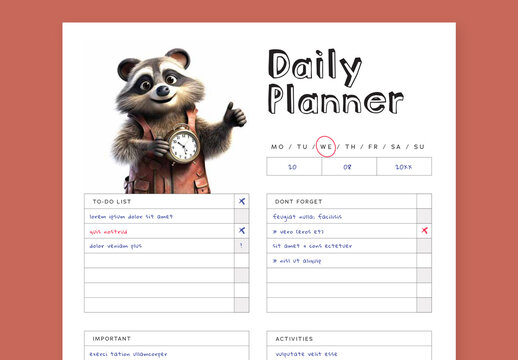Clean Daily Planner Layout With Cute Raccoon And Generative AI