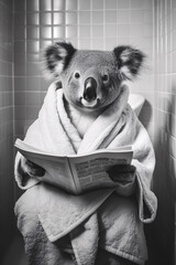 Koala sitting on the toilet wearing a robe and reading a newspaper, generative ai, animal humor