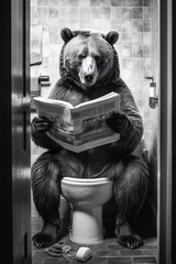 A grizzly bear sitting on a toilet reading a newspaper,  generative ai, funny bathroom wall art, animal humor - obrazy, fototapety, plakaty