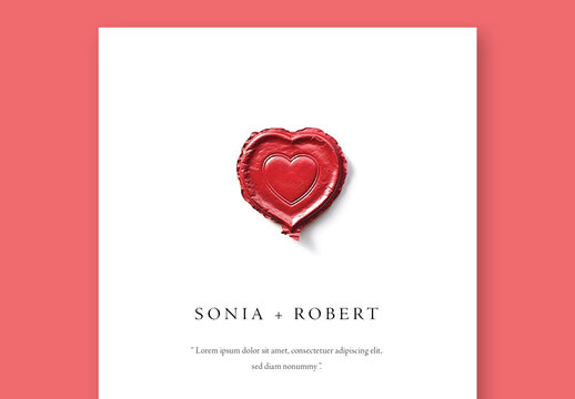 Wedding Invitation Layout With Red Stamp In Shape of Heart and Generative Ai