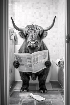Highland cow sitting on the toilet reading a newspaper, generative ai art, animal humor