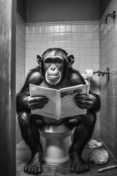monkey sitting on the toilet reading a newspaper, generative ai art, animal humor, funny bathroom wall art