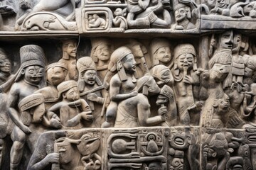 close-up of worn stone carving, depicting life and rituals of long-lost civilization, created with generative ai