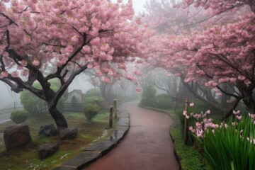 cherry blossom garden, with blooming trees surrounded by misty morning fog, created with generative ai