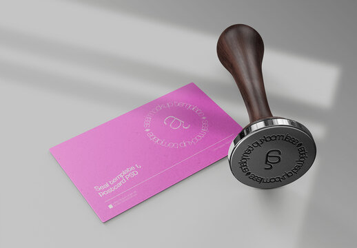 Wooden Handle Stamp and Business Card Mockup