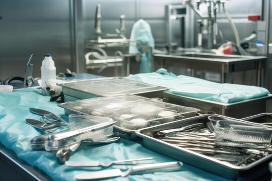 surgical instruments being sterilized and packaged for in modern, sterile operating room, created with generative ai