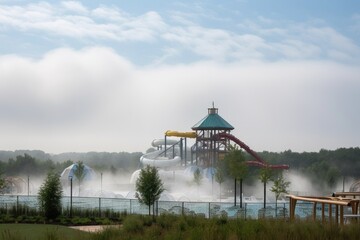 Fototapeta na wymiar water park with towering slide, surrounded by mist and clouds, created with generative ai
